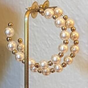 Pearl and Gold Tone Bead Hoop Earrings